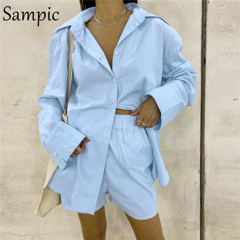 Sampic Casual Women Summer Long Sleeve Blouse Tracksuit Shorts Set Loose Tops And High Waisted Mini Shorts Two Piece Set 2021