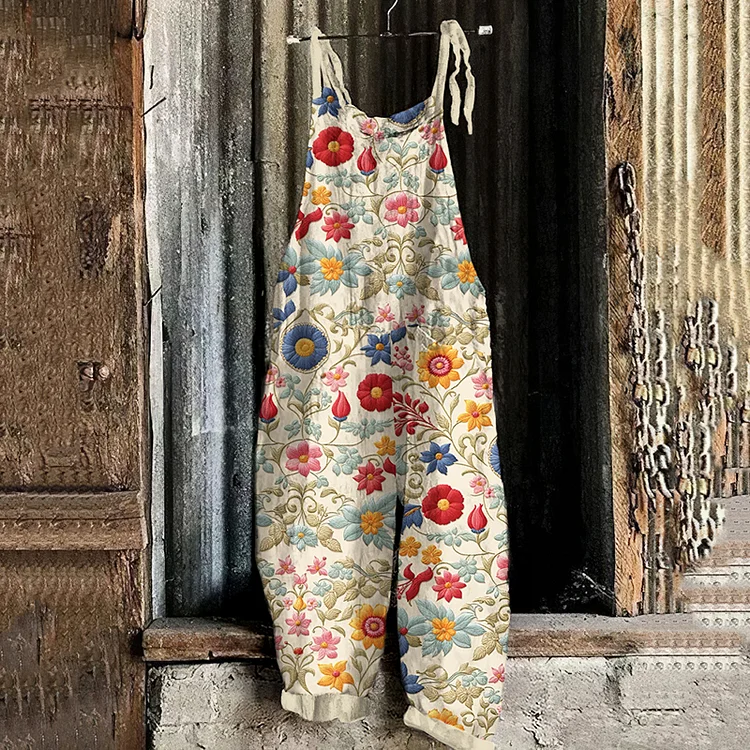 Utbros Women's Bohemian Style Floral Linen Print Cotton Linen Jumpsuit
