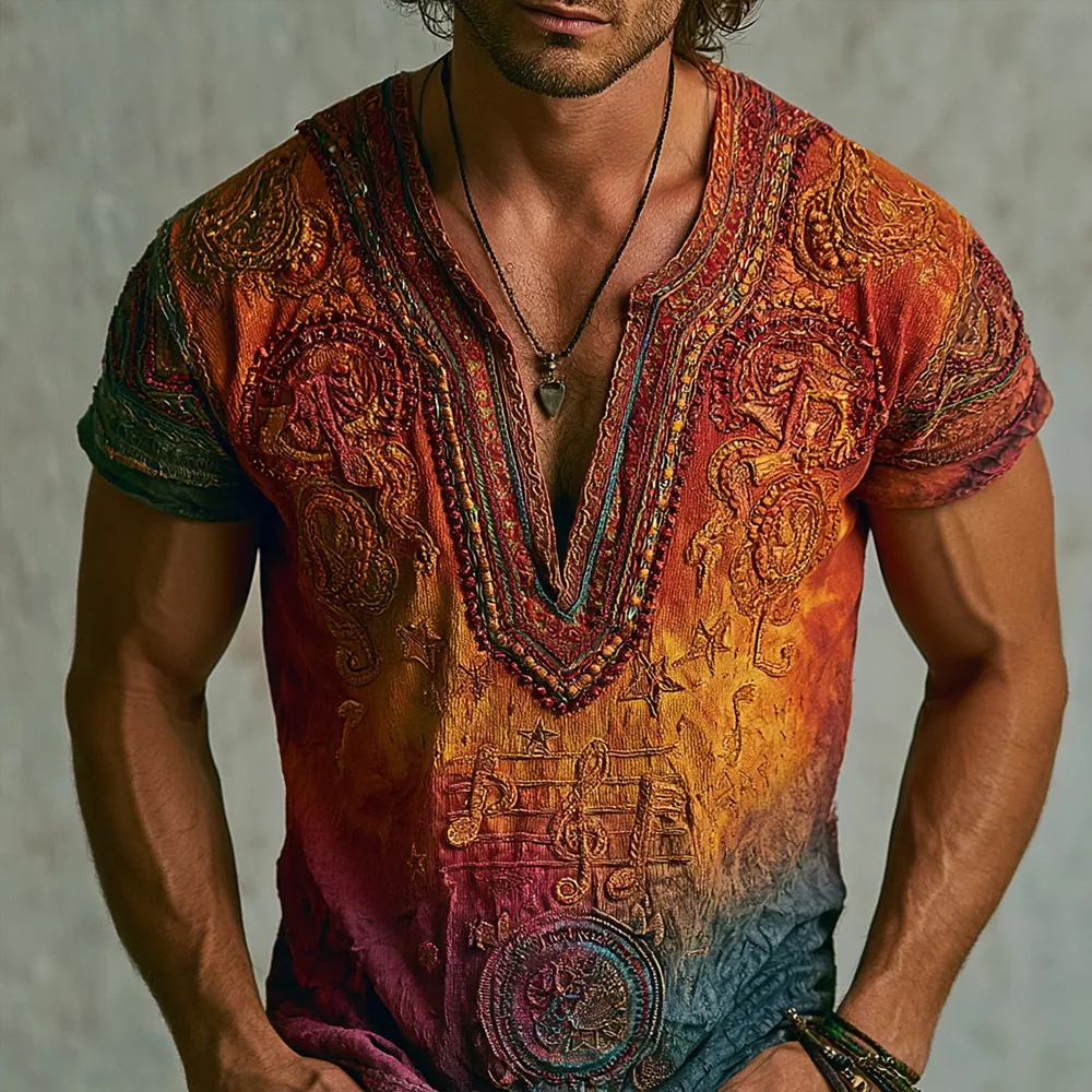 Comstylish Men&rsquo;s Boho Ombre Gradient Beaded Embroidery V-neck Tee, Retro Psychedelic Star & Musical Print Casual Tshirt