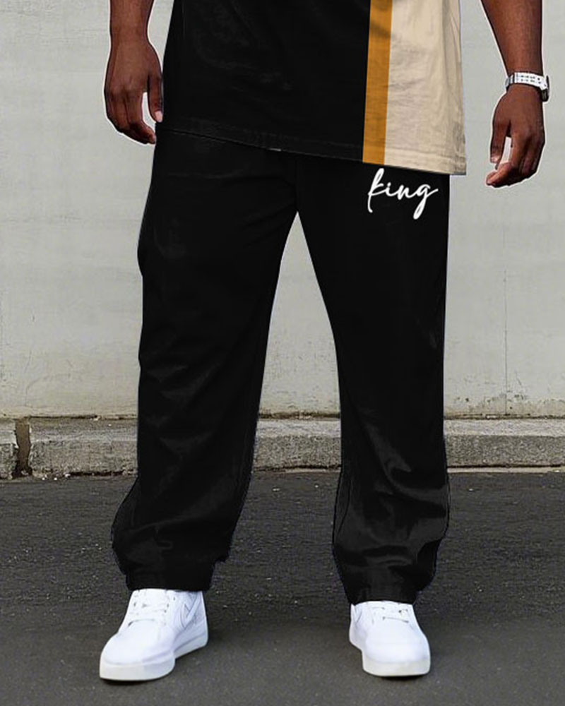 Big Men’s Black & Khaki Colorblock King Printed Short Sleeve T-Shirt Trousers Set