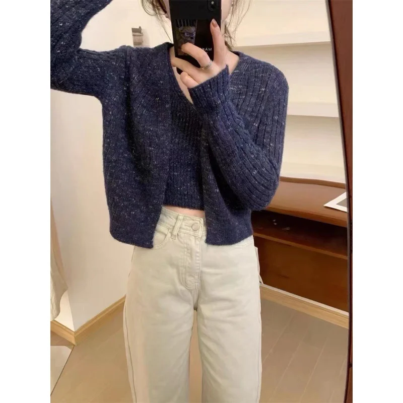 Uveng Uveng New Retro Color Yarn Sweater Coat Women Loose Knitted Slings Two Sets