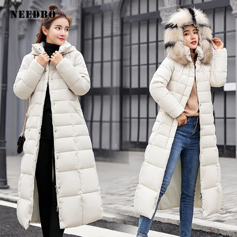 NEEDBO Winter Jacket Women with Fur Hood Plus Size Warm Long Winter Jacket and Coat for Women Doudoune Down Coat Lady Parka