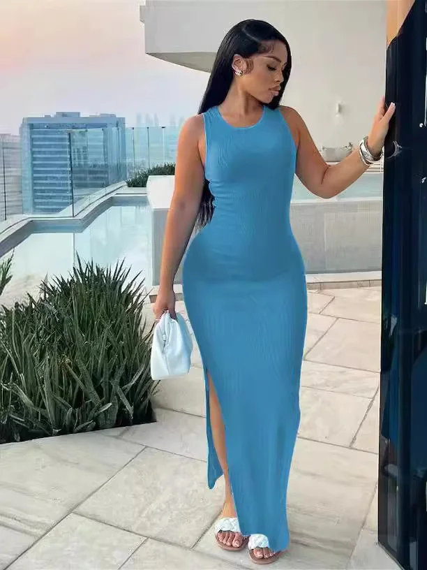 Uveng Uveng Women's Commuting Pits Long Dress Sleeveless Round Collar High-Waisted Ass Dress