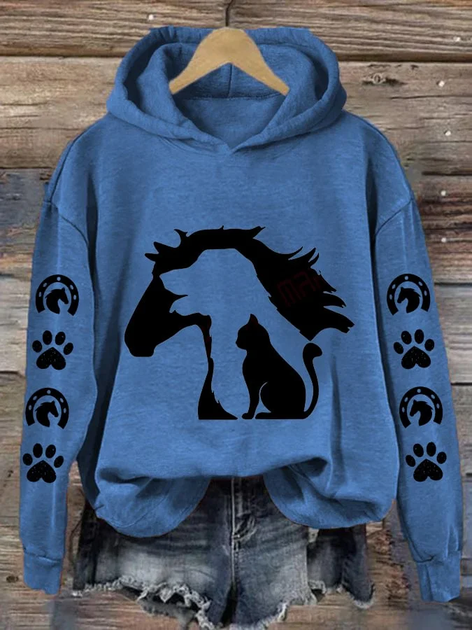 🐴Women's Cat Dog Horse Silhouette Print Hooded Sweatshirt