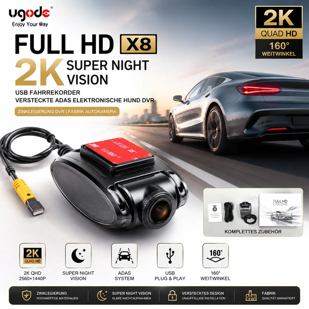 FULL HD X8 2K Super Night Vision USB Fahrrekorder Versteckte ADAS Elektronische Hund Zinklegierung DVR Fabrik Autokamera