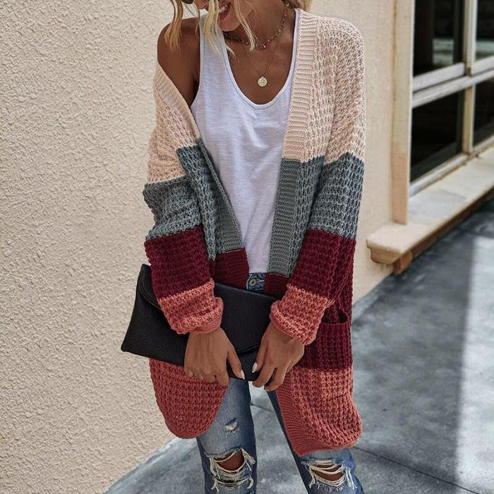 Comstylish Casual Color Block Stitching Sweater Cardigan