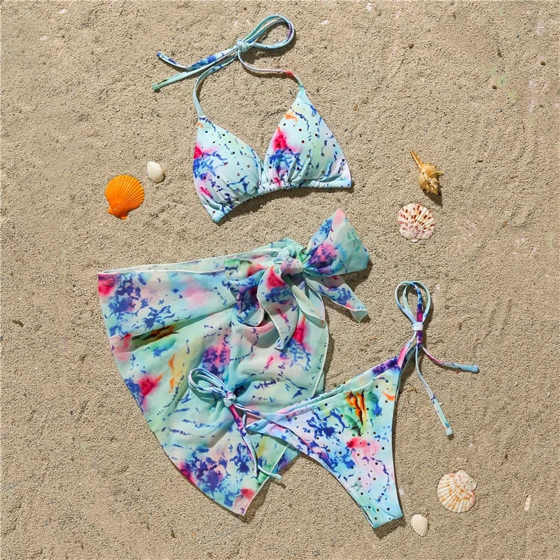 Peachtan Tie dye bikini 2021 Skirted swimsuit women High cut 3 piece suit halter swimwear female Triangle bathing suit Backless