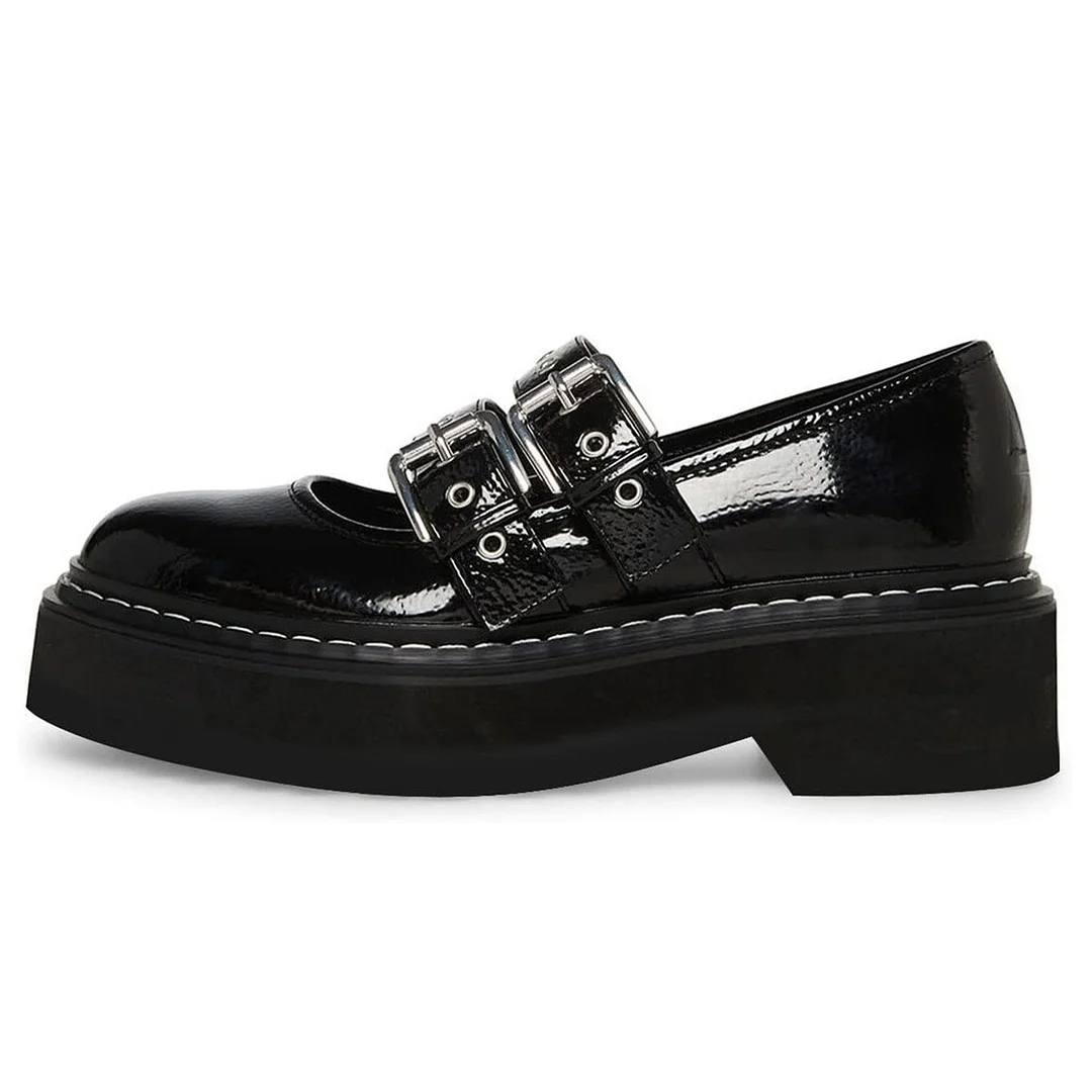Black Patent Leather Heeled Platform Mary Jane Pumps with Two Straps
