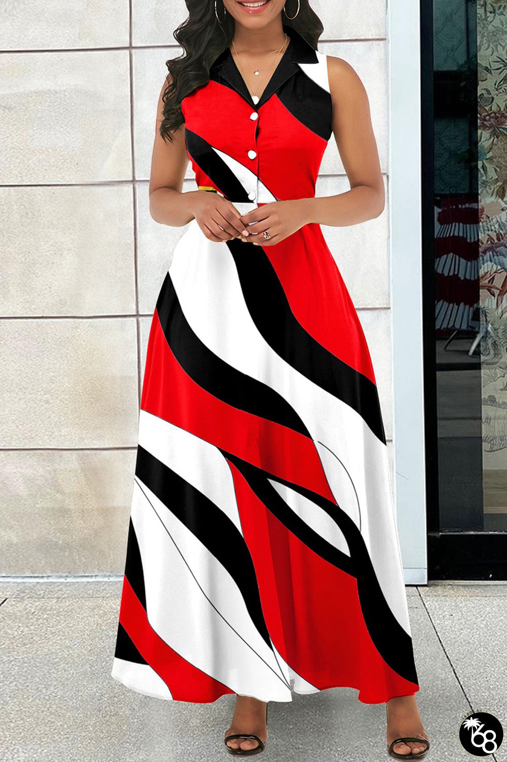 Red Casual Print Patchwork Turndown Collar Long Dress Dresses | 168DEAL