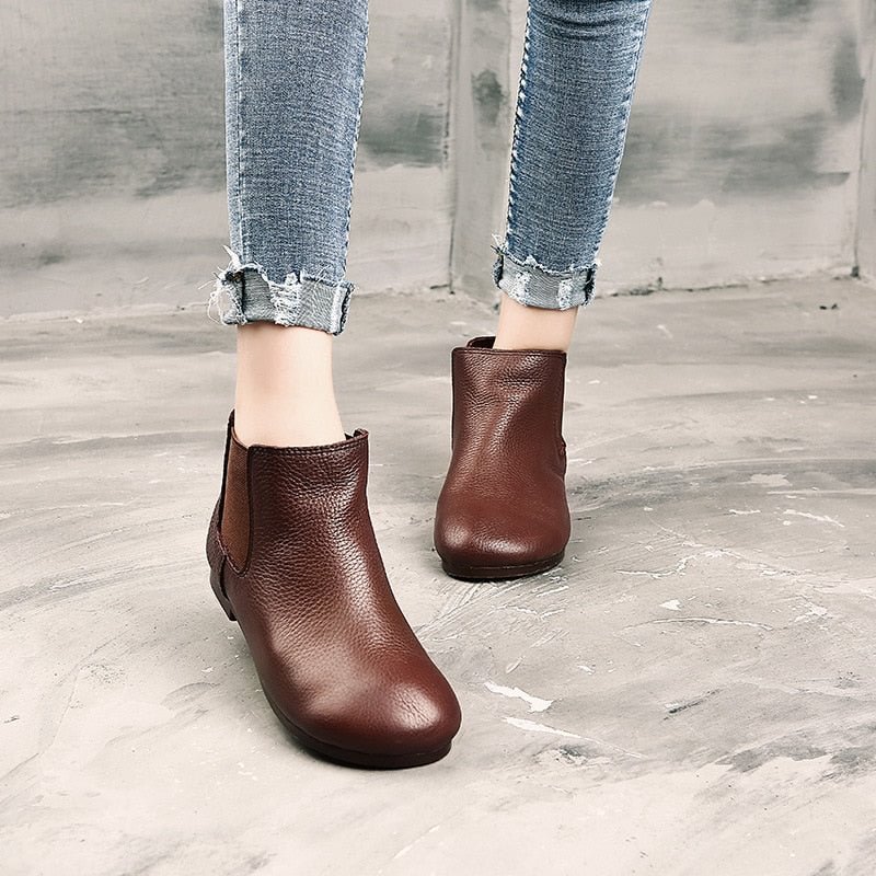 Women Leather Ankle Boots Flat Round Toe Slip-On