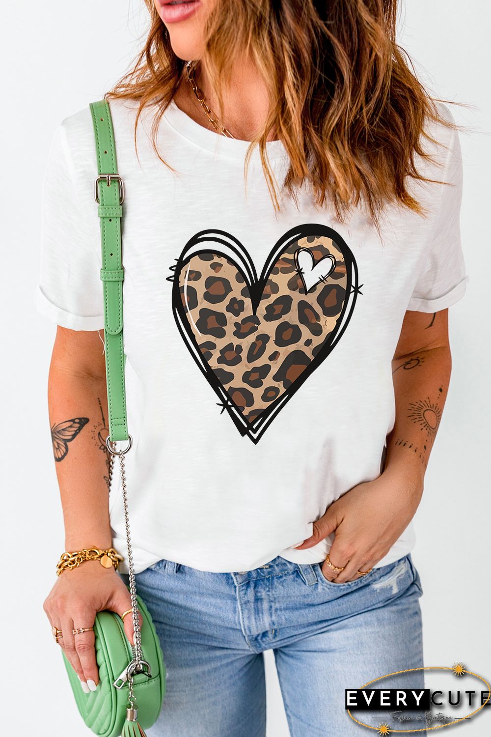 White Leopard Heart Pattern Print Valentines T Shirt