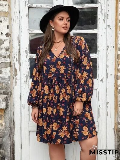 Plus Size Floral V-Neck Balloon Sleeve Dress