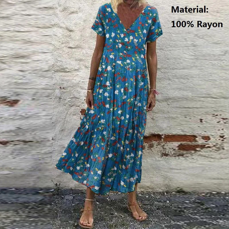 ZANZEA Summer Women Sundress Bohemian Floral Print Beach Maxi Dress Vintage V Neck Short Sleeve Oversized Dresses Kaftan Vestido