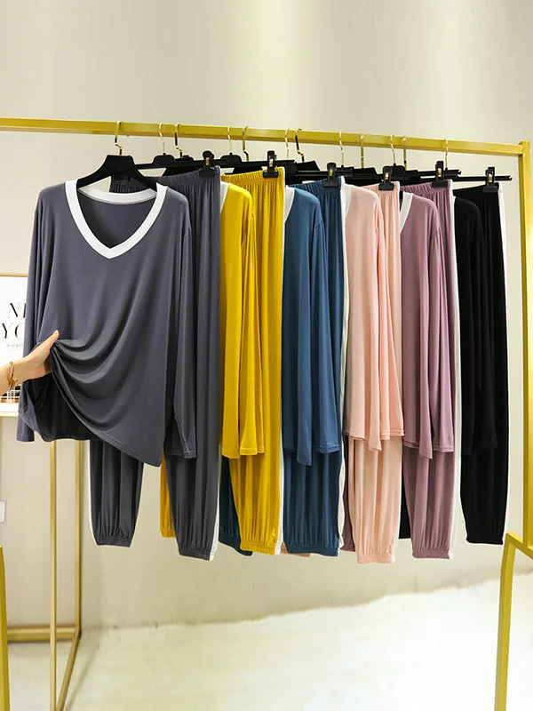 Roomy Long Sleeves Contrast Color Elasticity V-Neck Pajamas Set