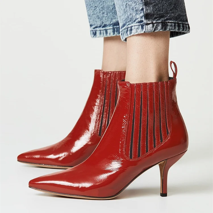 Red Pointy Toe Kitten Heel Ankle Boots |FSJ Shoes