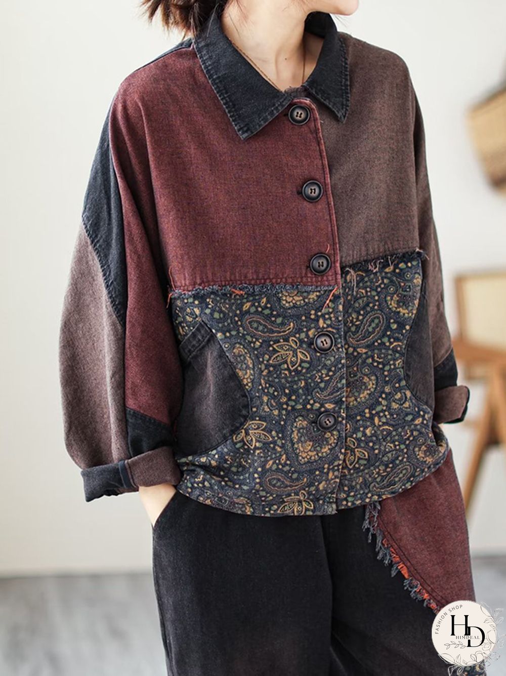 Contrast Color Fringed Split-Joint Long Sleeves Printed Outwear Harem Pants Two Pieces Set