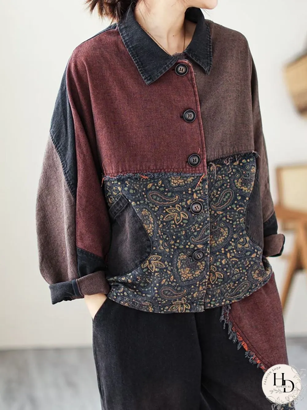 Contrast Color Fringed Split-Joint Long Sleeves Printed Outwear Harem Pants Two Pieces Set