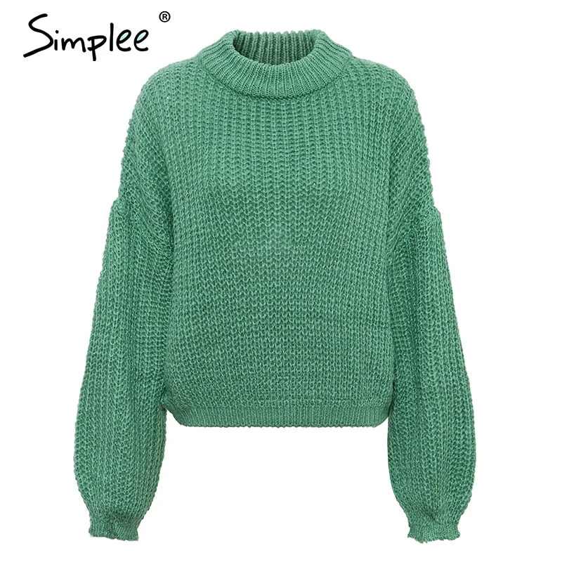 Simplee Winter lantern sleeve knitted sweater pullover Women loose O-neck solid sweater Female autumn casual sweater jumper new