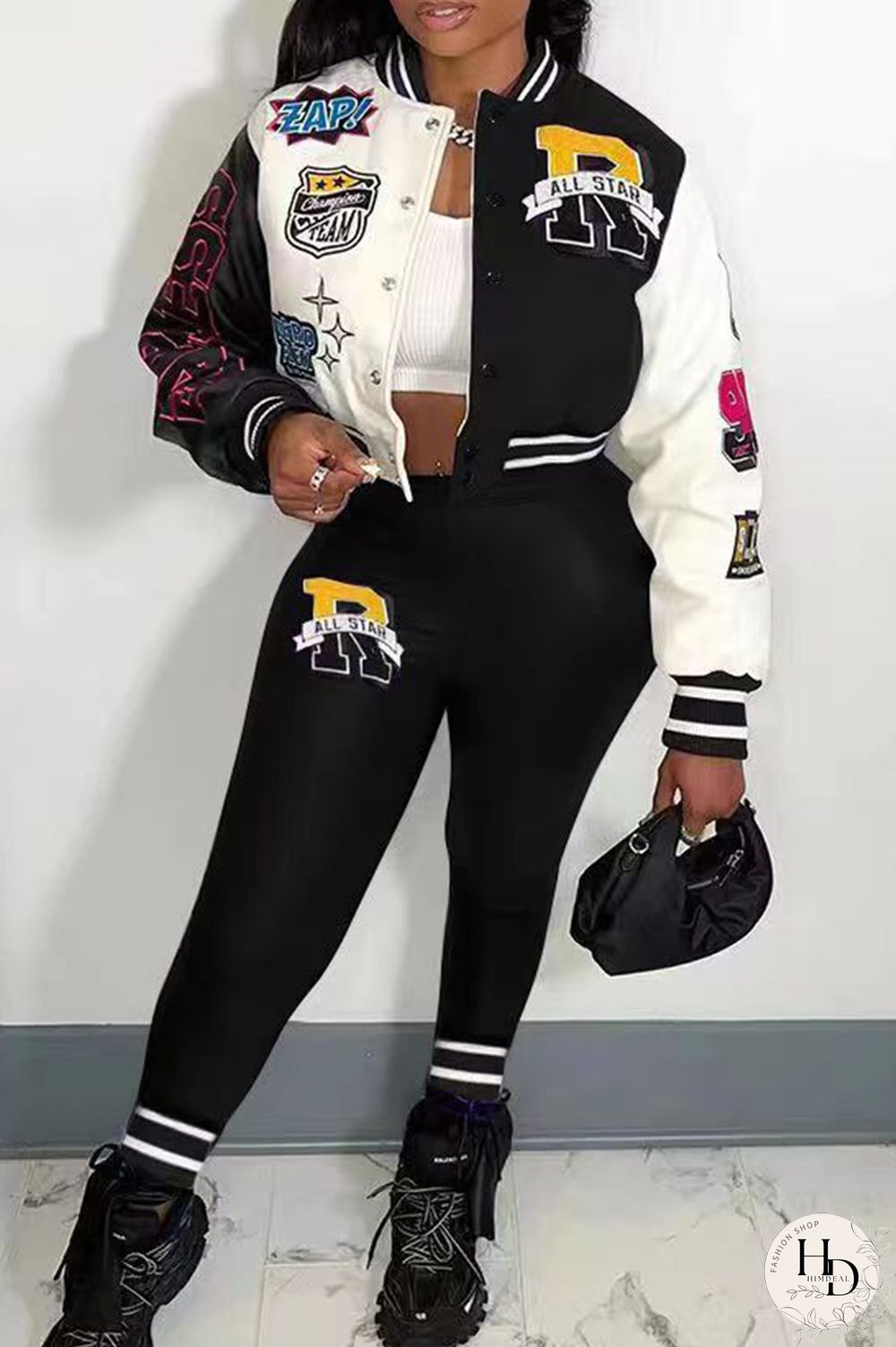 Rose Red Casual Letter Print Patchwork Cardigan O Neck Long Sleeve Two Pieces