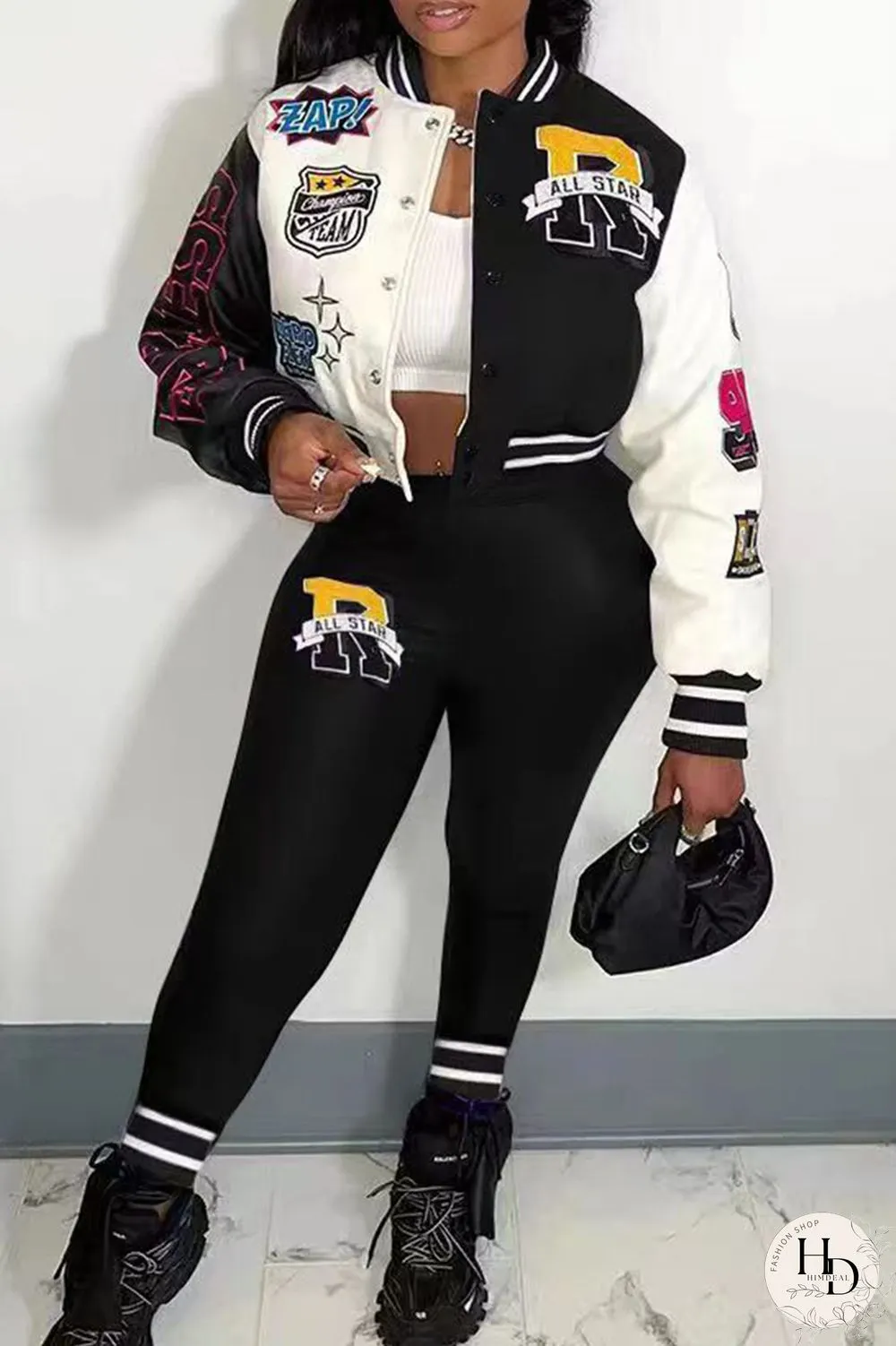 Rose Red Casual Letter Print Patchwork Cardigan O Neck Long Sleeve Two Pieces