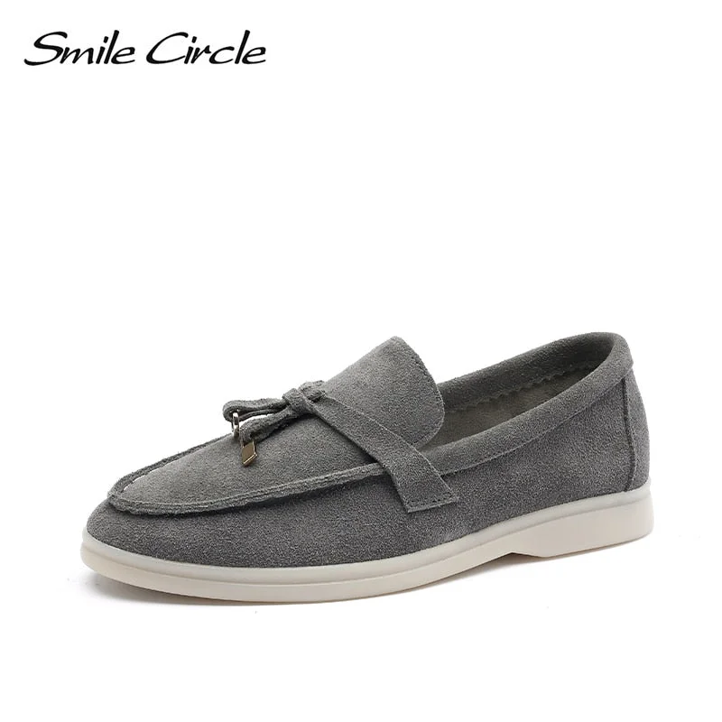 Smile Circle/cow-suede loafers Women Slip-On flats shoes Genuine Leather Ballets Flats Shoes for women Moccasins big size 36-42