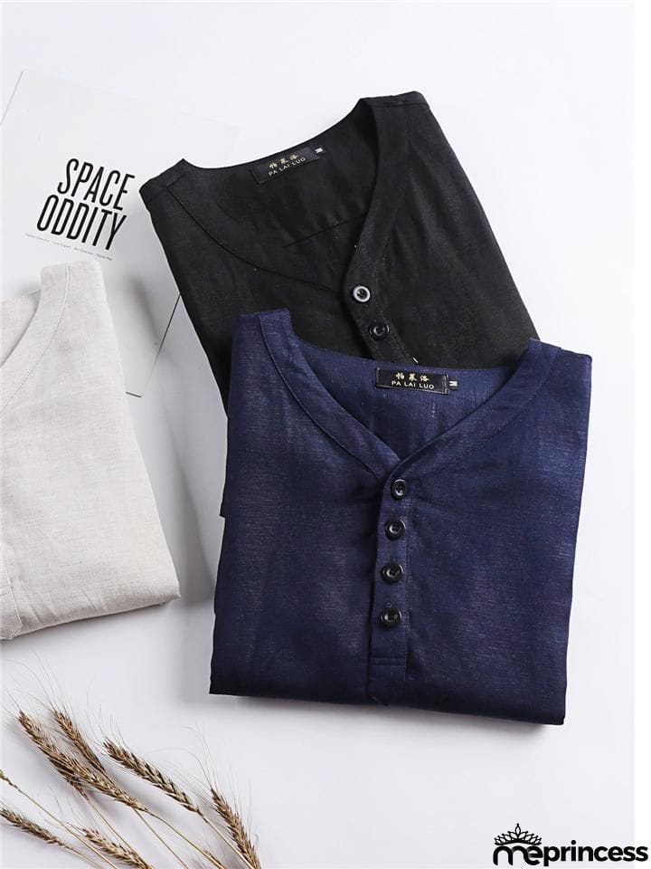 Mens Loose Comfy Linen Solid Color Long Sleeve T-Shirts