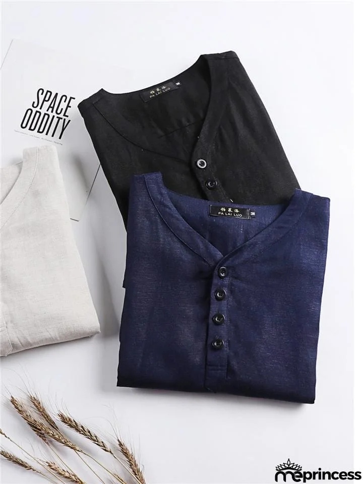 Mens Loose Comfy Linen Solid Color Long Sleeve T-Shirts