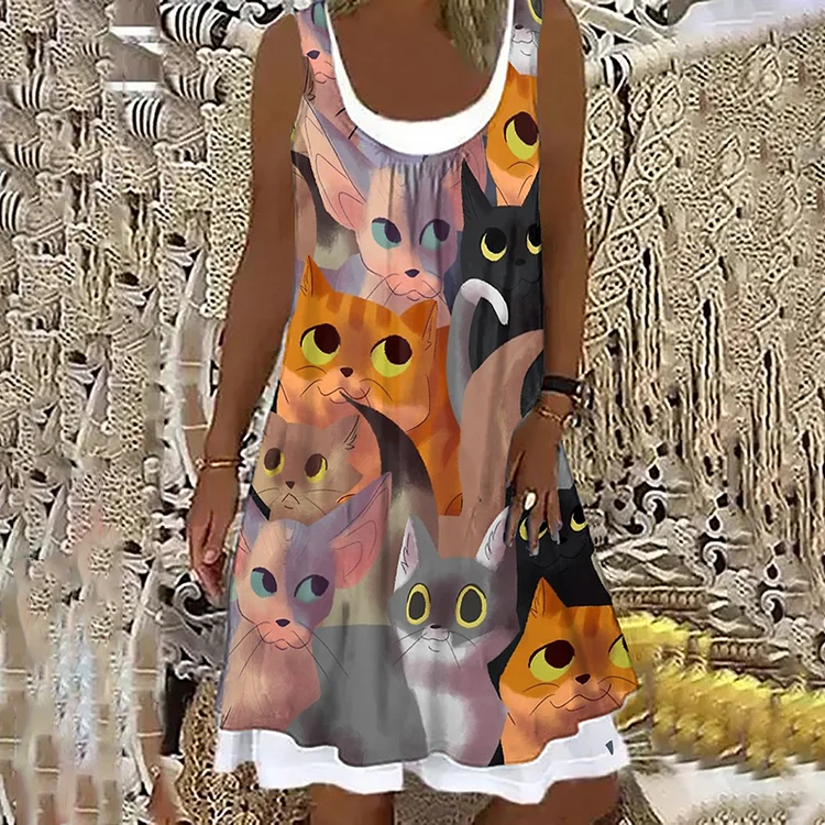 Cat Print Sleeveless Crew Neck Midi Dress