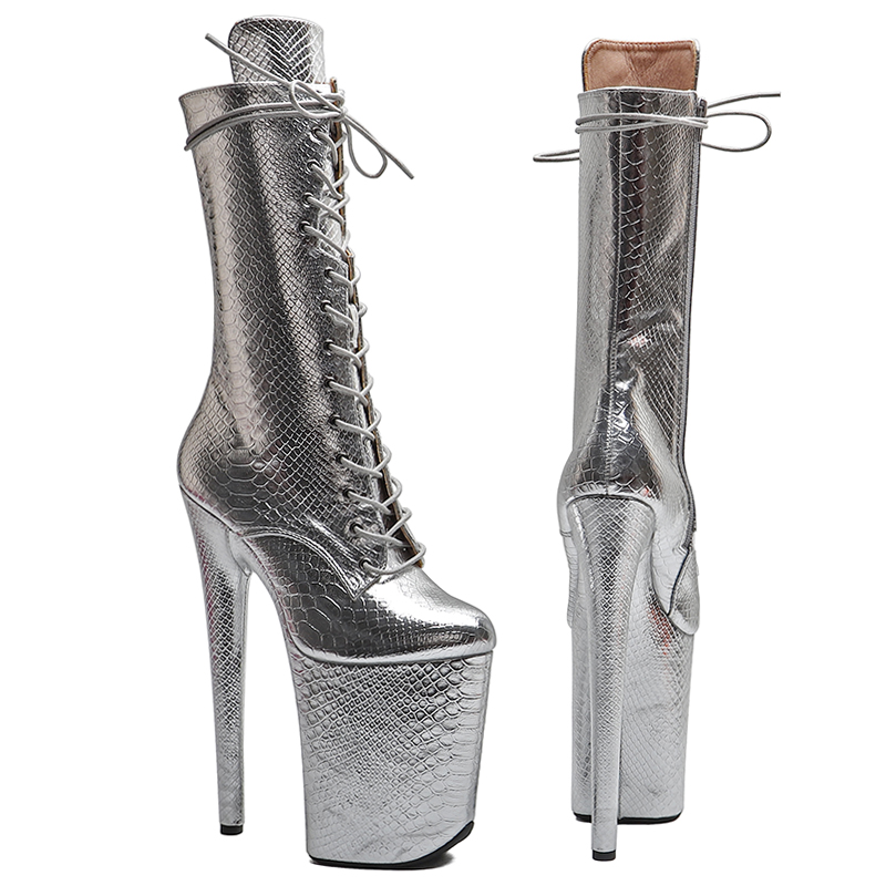 VCshoes 23CM/9inches Snake Upper Women Fashion High Heels Platform Front Lace Up Ankle Boot Pole Dance Boot