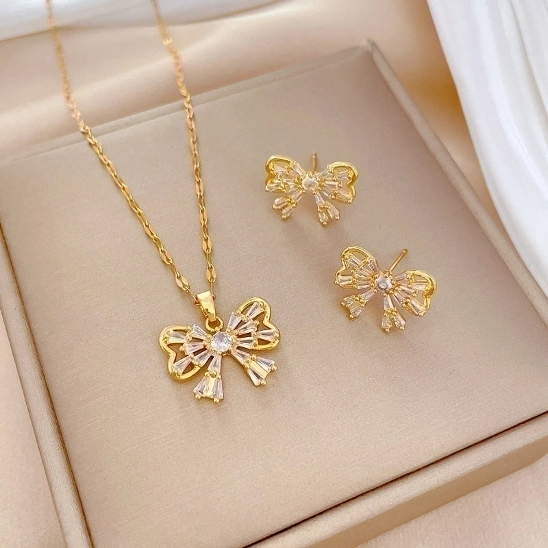 Copper Minimalist Plating Inlay Rhombus Bow Knot Zircon Jewelry Set