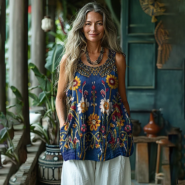 Utbros Boho Ethnic Floral Embroidered Linen Sleeveless Tank Top
