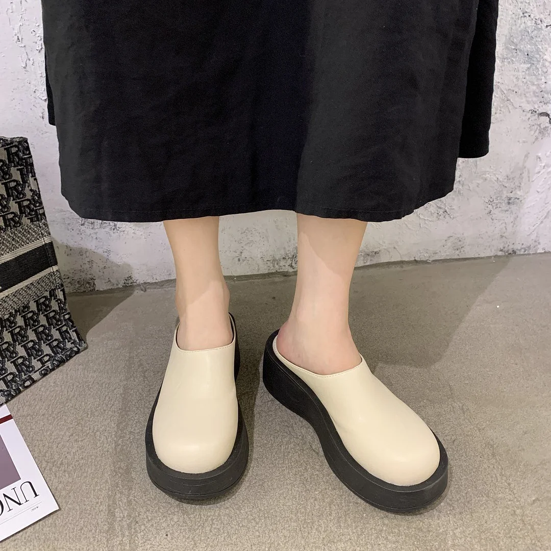 Wongn Wongn Platform Bottom Shoes Female Real Leather Skin Cool Drag High Heel Waterproof Table Slippers Summer Outside Slope Heel Head Half Drag