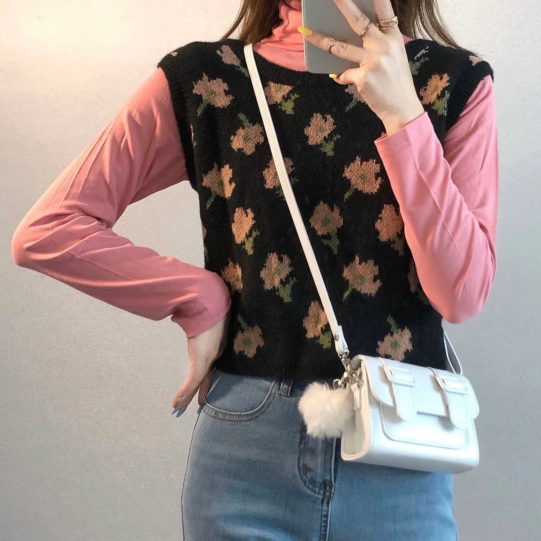 Sweater Vest Women Comfortable Floral Printed Short Style Sweet Lace-up Retro Teens Bow Ulzzang Casual Cute Harajuku Tops New