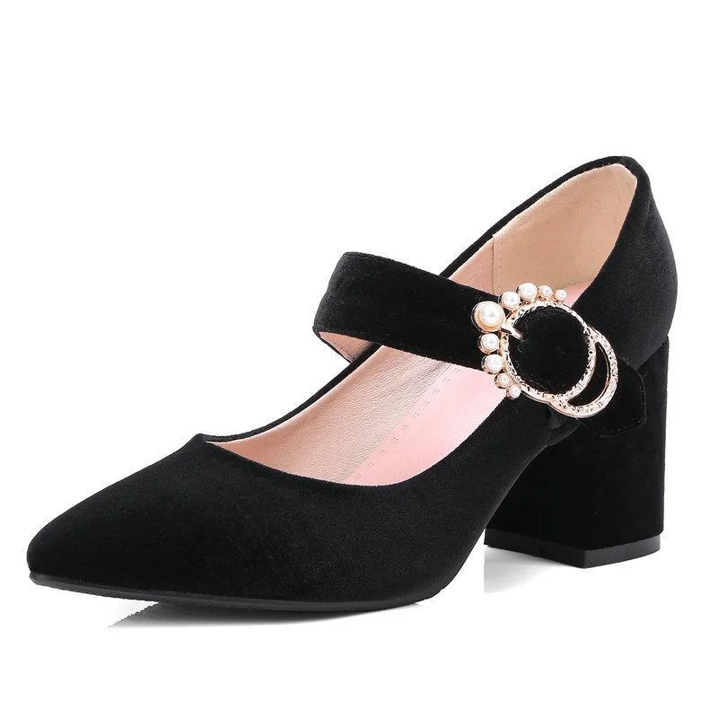 Women's Shoes Pointed Toe Block Heel Pearl Buckle Shallow Mary Jane Shoes