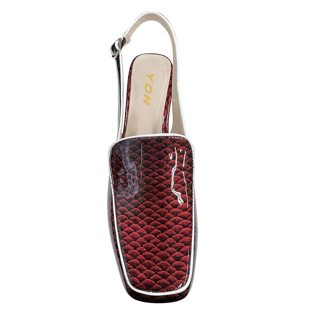Red Patent Leather Slingback Square Toe Snakeskin Women's Loafers