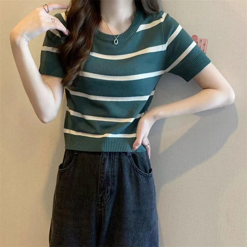 Uveng Uveng Striped Short-Sleeved Knitted Shirt 2024 Summer New Design Sense Small Loose Short Top In Tide