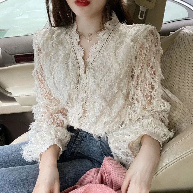 Vintage V-neck Long Sleeve Lace Blouse