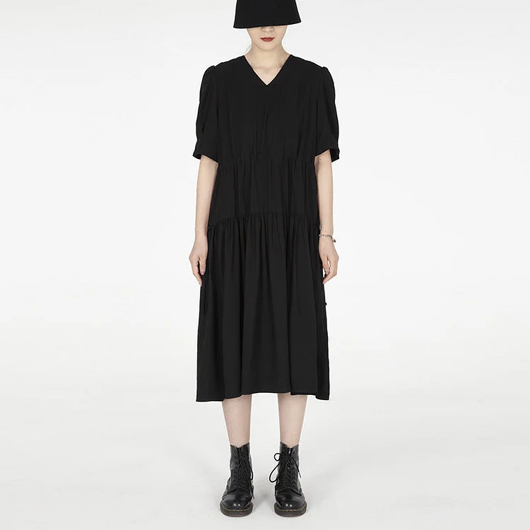 Dawfashion Techwear Streetwear-Japanese Dark Style Pullover V-neck Drawstring Solid Short-sleeved Dress-Streetfashion-Darkwear-Techwear