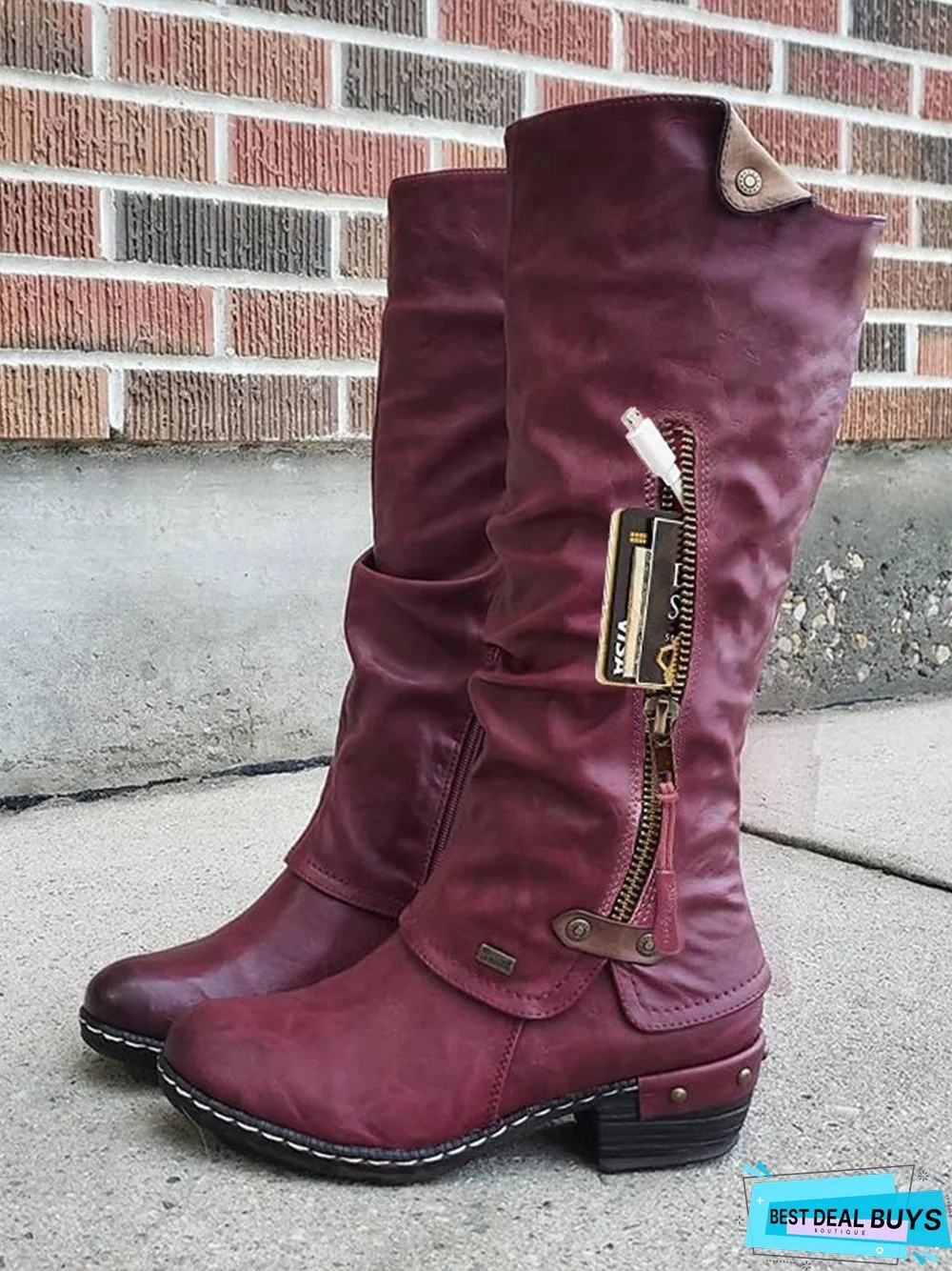 Vintage Casual Pleated Zip Riding Boots