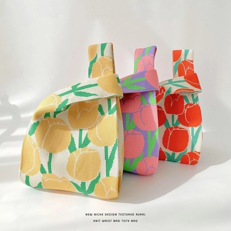 Women’s Medium Knit Letter Flower Cute Vintage Style Square Open Handbag