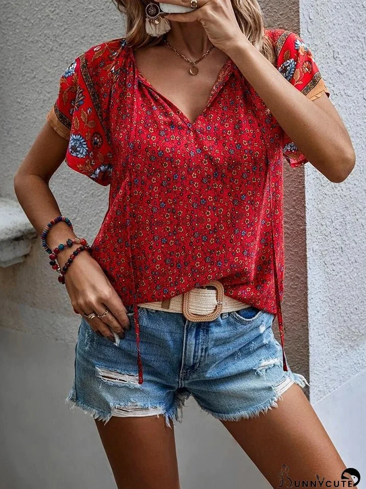 Printed Short Sleeve Tie Neck Blouse