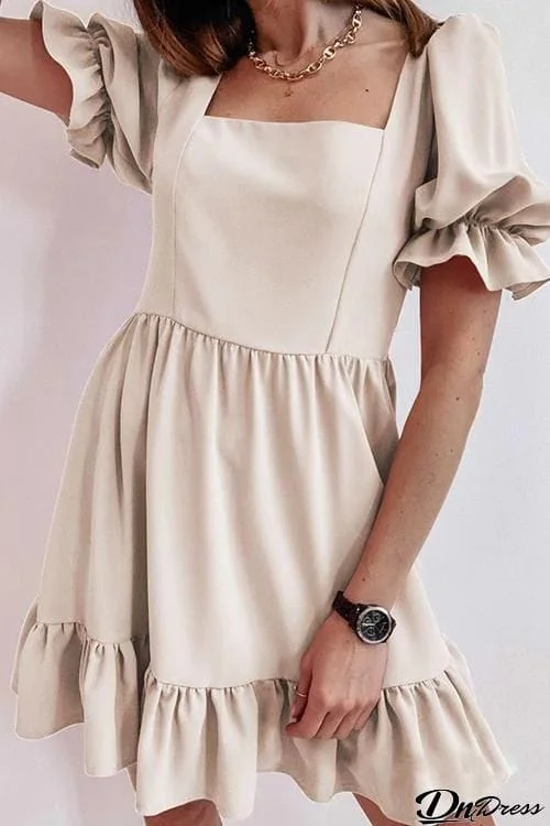 Square Neck Ruffels Puff Sleeve Mini Dress