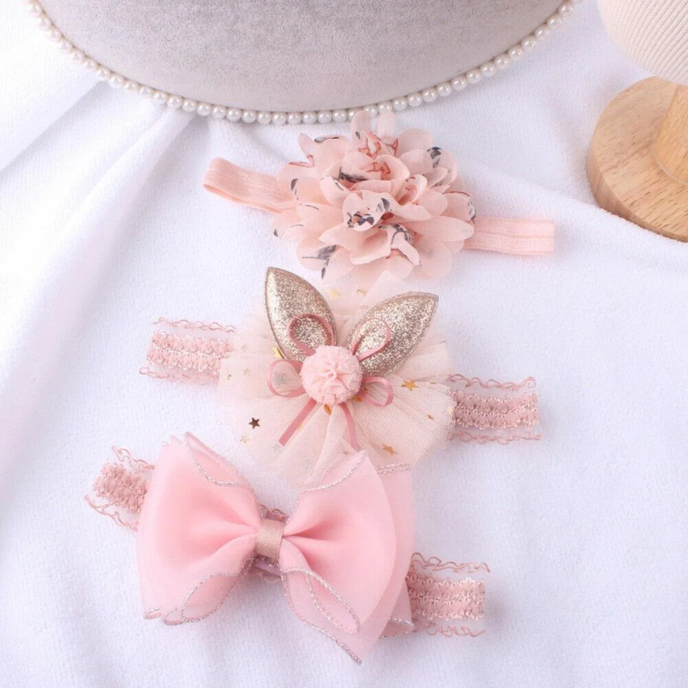 2019 Baby Accessories Beauty 3Pcs/Set Baby Girls Infant Toddler Flower Bow Headband Lace Elastic Hair Band Crown Gifts 0-3T