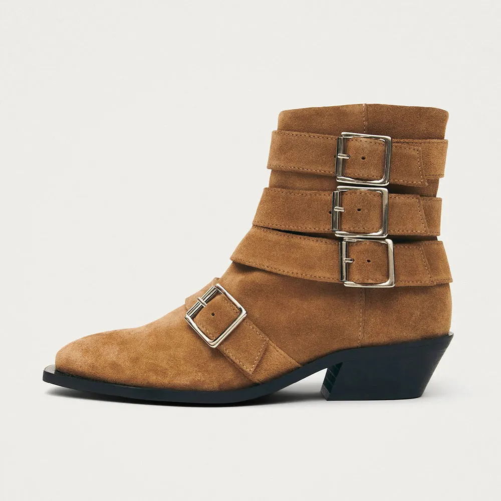 Tan Vegan Suede Slip On Low Block Heel Short Pointed Toe Boots