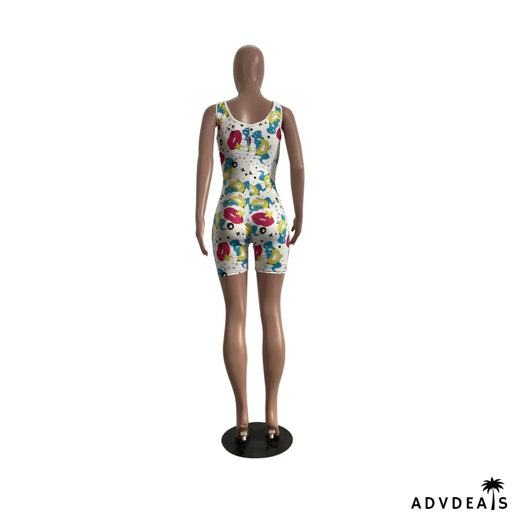 Cute Print Sleeveless Bodycon Rompers
