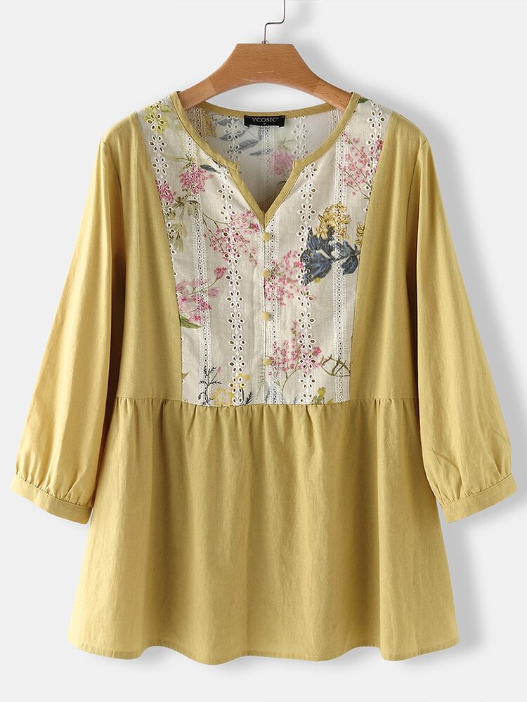 Hollow Out Floral Print Patchwork Sleeve Pleated Blouse P1642507