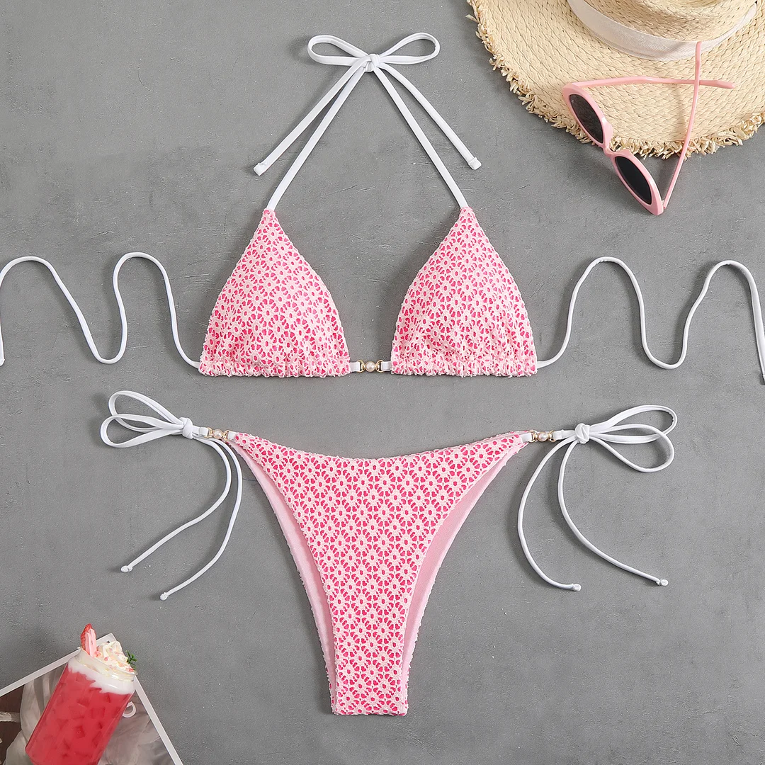 Brownm 2025 Split Swimsuit Sexy Bikini Hanging Neck Tie Bikini Swimsuit Woman