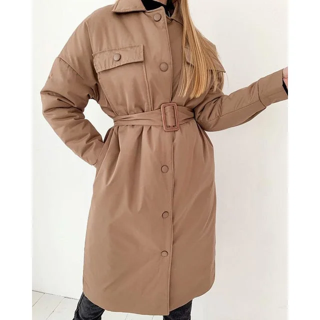 Simple Solid Straight Parkas Women Fashion Turn Down Collar Coats Women Elegant Long Light Cotton Jackets Female Ladies