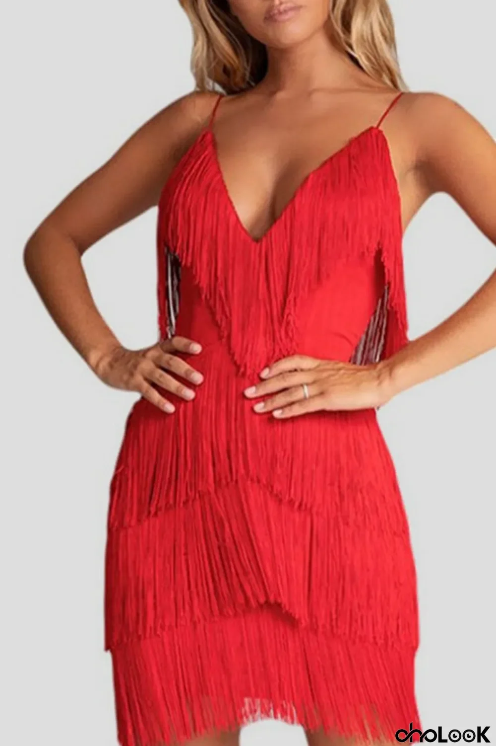 Red Sexy Solid Tassel Patchwork Spaghetti Strap Dresses