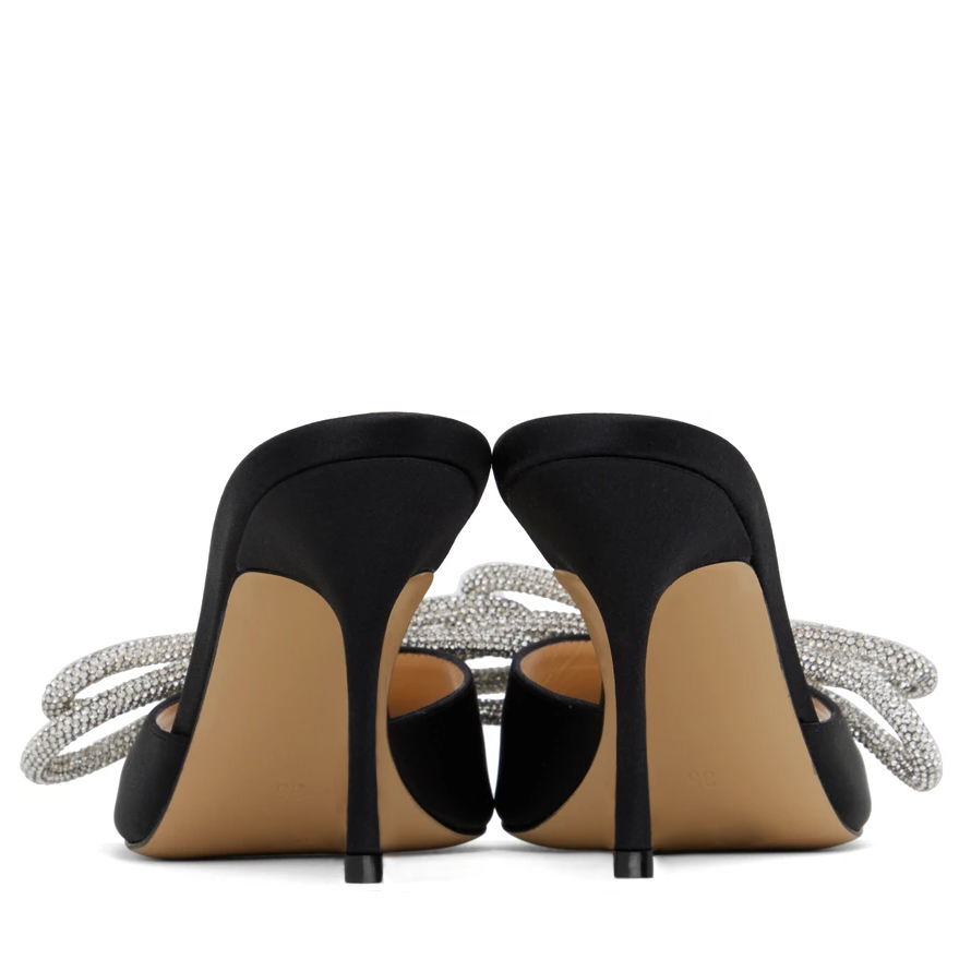 90mm Women's Heeled Sandals Square Open Toe Double Bow Satin Mules Heels Slip on Stilettos